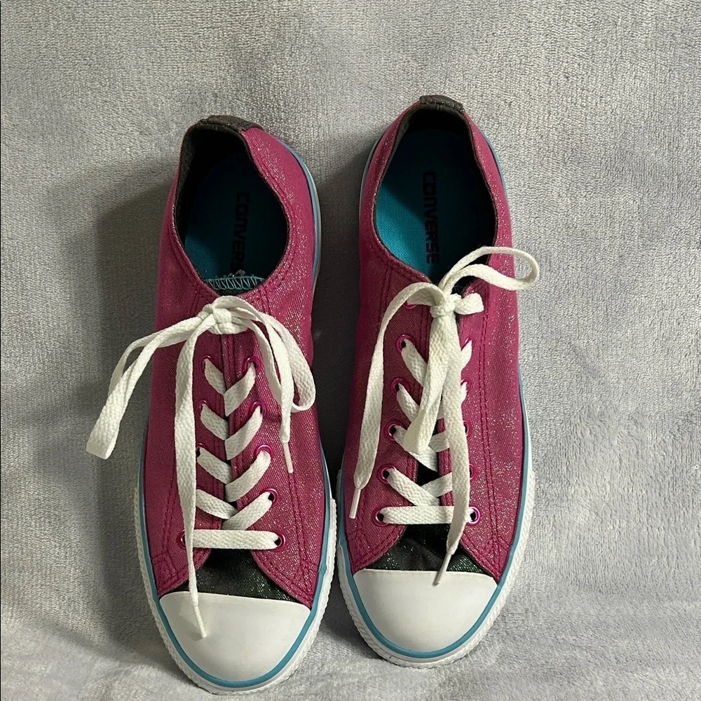 Converse All Star Kids Pink Glitter Sneakers With Double Tongue Size 6 Junior
